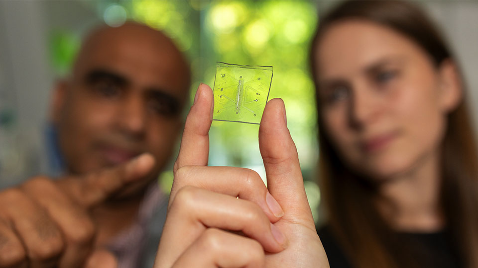 Two people holding a small transparent square sample between their fingers.