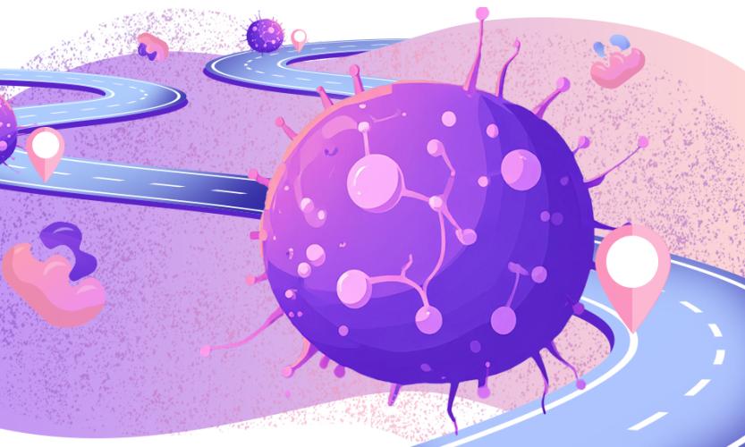 Illustration of cancer cells along a road with location markers next to each cell to represent the cancer "atlas" Gabe Kwong and his collaborators are building.